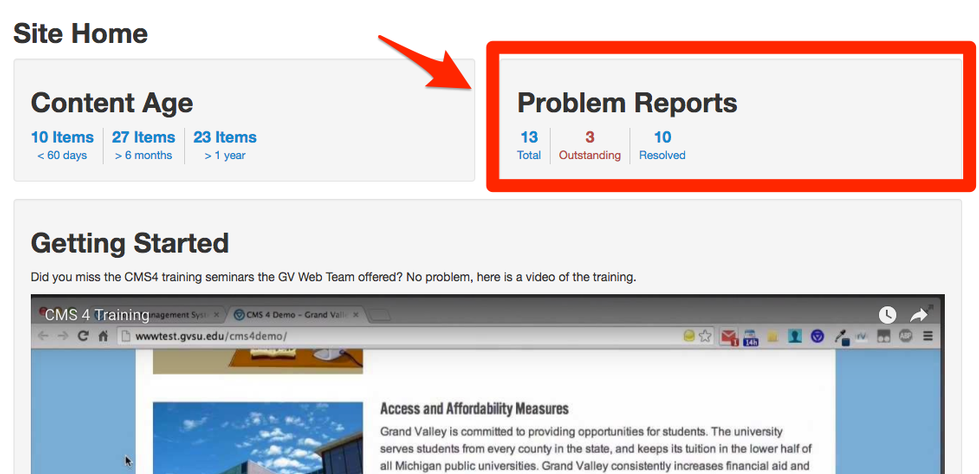Image outlining where to find the problem report section in the cms admin (the upper right of the site dashboard)